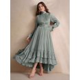 thumbnail image 1 of High-Neck Long Sleeve Pleated Ruffle Hem Maxi Dress In Mist Green, 1 of 26