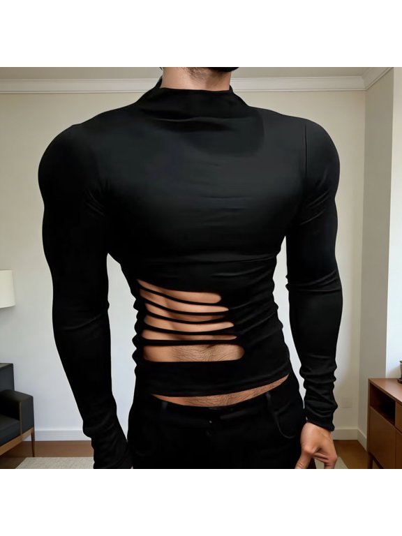 High Neck Long Sleeve Thermal Shirt Breathable Mesh Knit Slim Fit Casual Top for Fall Winter Layering Black L