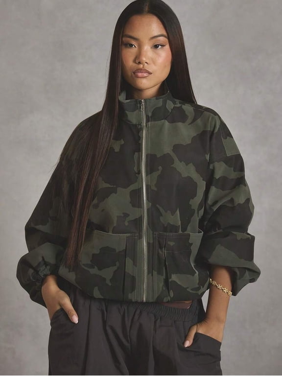 High Neck Oversized Camo Bomber Jacket For Women Dark Green, Streetstyle