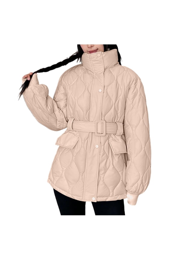 High Neck Parka for Women Tunic Long Down Belt Argyle Quilted Puffer Coat Thicken Warm Outwear Button Outfits Solid Long Sleeve Outfits Casual Trendy Peacoat Fashion Clothing