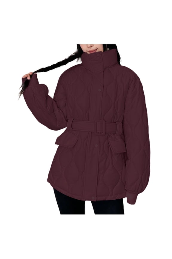 High Neck Parka for Women Tunic Long Down Belt Argyle Quilted Puffer Coat Thicken Warm Outwear Button Outfits Solid Long Sleeve Outfits Casual Trendy Peacoat Fashion Clothing