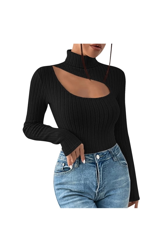 High Neck Ribbed Knit Tops Women Trendy Cut Out Long Sleeve Slim Fit Turtleneck Plain Sweater Pullover (Large, Black)