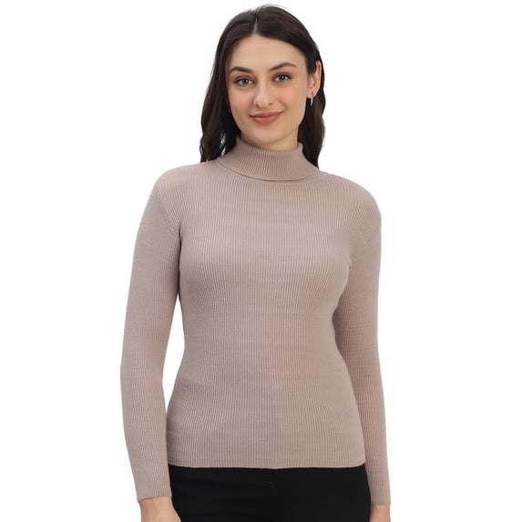 Cavardi Casual Women's High Neck Ribbed Top – Beige | Free Size