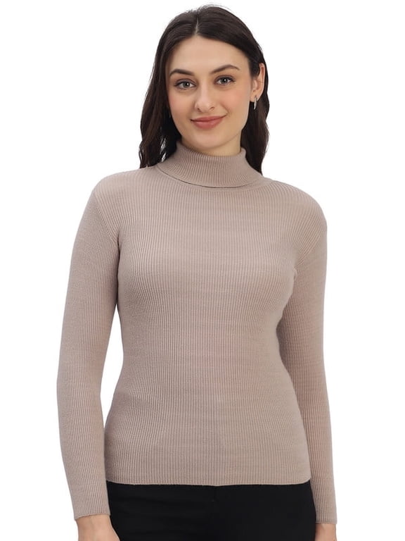 Casual Women's High Neck Ribbed Top – Beige | Free Size