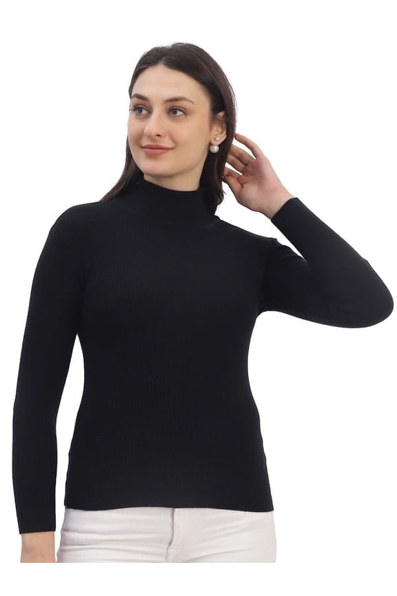 Casual Women's High Neck Ribbed Top – Black | Free Size