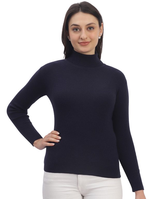 Casual Women's High Neck Ribbed Top – Navy | Free Size