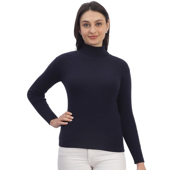 Cavardi Casual Women's High Neck Ribbed Top – Navy | Free Size