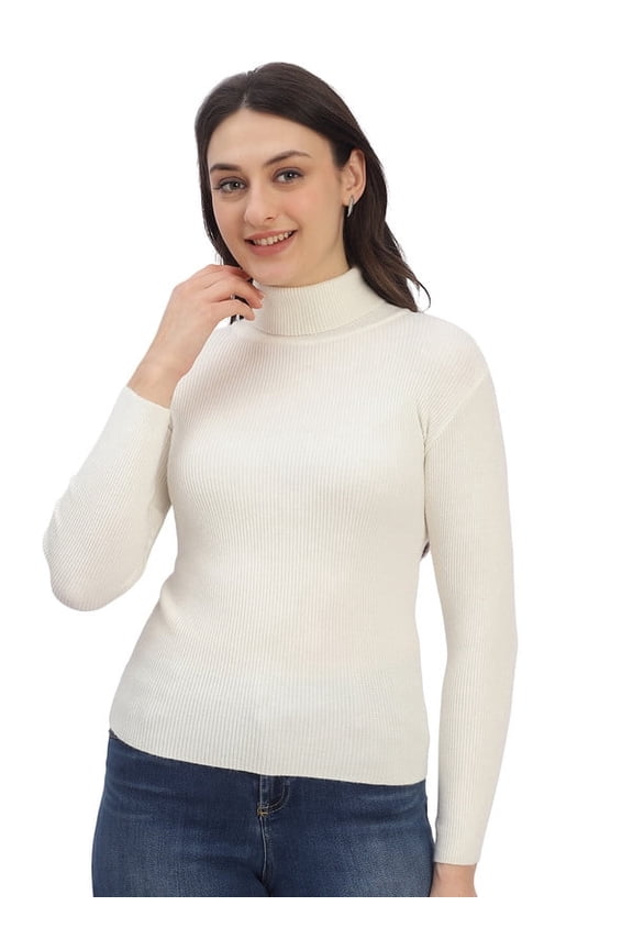 Casual Women's High Neck Ribbed Top – White | Free Size
