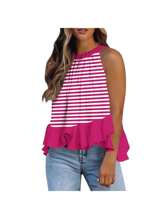 High Neck Ruffle Tank Top for Women Ruched Striped Print Sleeveless Babydoll Tops Tie Back Summer Tanks for Travel Vacation