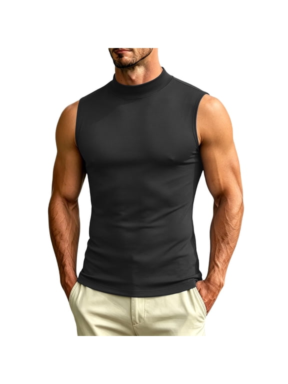 High Neck Sleeveless Slim Fit Tank Top for Men, High Stretch Smooth Knit Fabric Workout Undershirt
