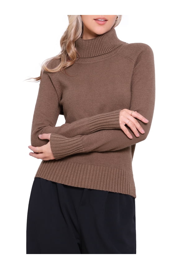 High Neck Sweater Blouse for Women Long Sleeve Ribbed Knitted Pullover Top M Brown