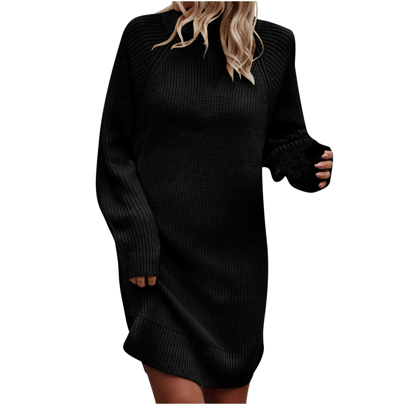 High Neck Sweater Dress for Women Fall Winter Casual Knit Loose Turtleneck Long Sleeve Dress Curved Hem Sweaters (Small, White)