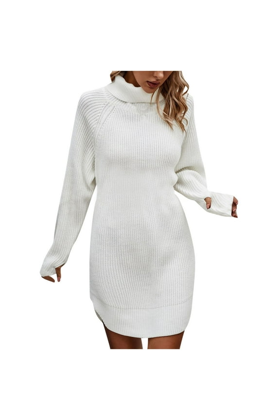 High Neck Sweater Dress for Women Fall Winter Casual Knit Loose Turtleneck Long Sleeve Dress Curved Hem Sweaters (Large, White)