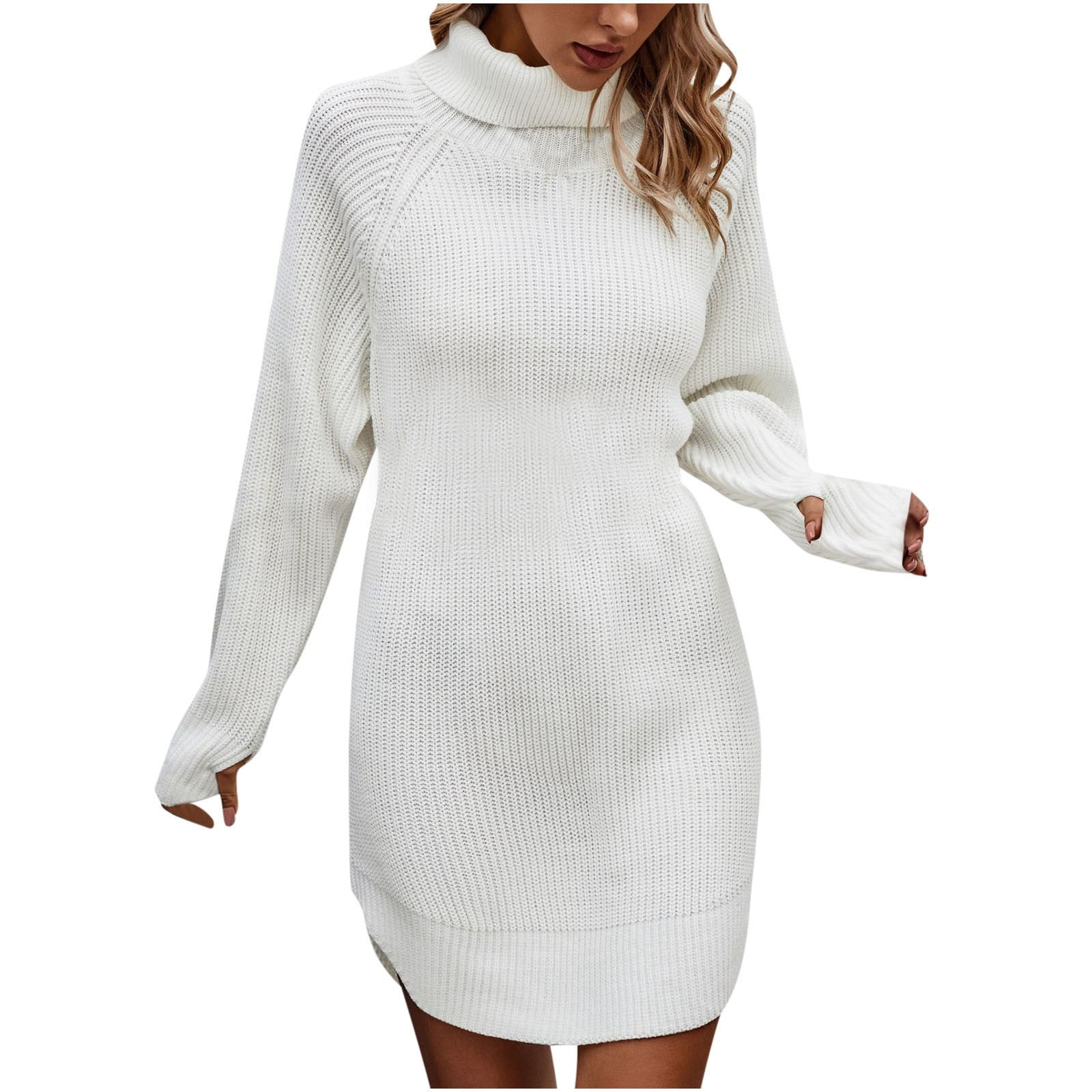 High Neck Sweater Dress for Women Fall Winter Casual Knit Loose Turtleneck  Long Sleeve Dress Curved Hem Sweaters (Small, White) - Walmart.com