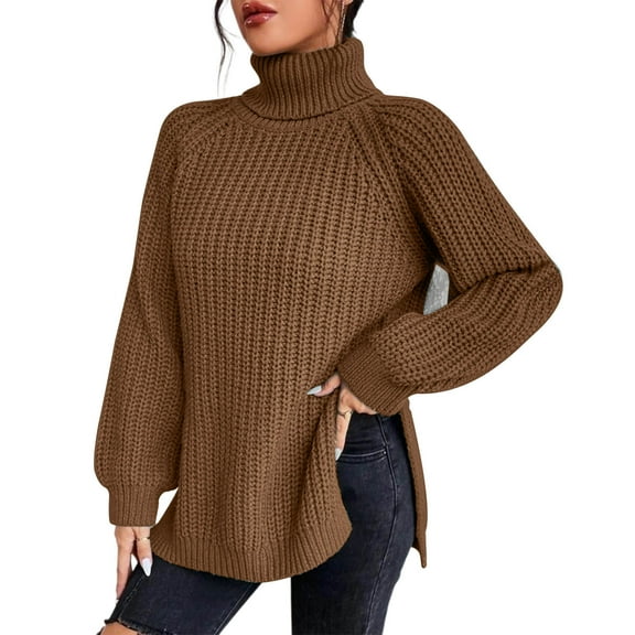 High Neck Sweaters for Women Chunky Knit Trendy Turtleneck Pullover Side Split Long Sleeve Winter Jumpers Tops (M, Coffee)