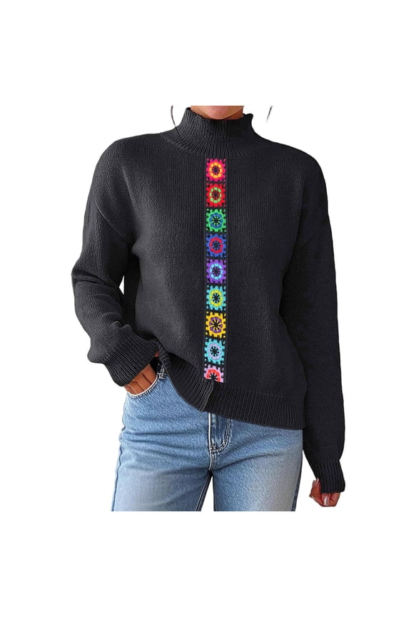 High Neck Sweaters for Women Fall Long Sleeve Floral Pullover Outerwear Winter Fall Boho Sweater Black, S
