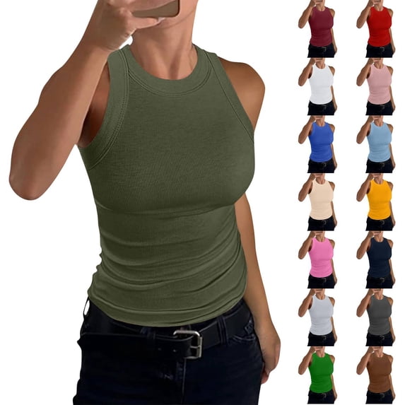 High Neck Tank Tops Womens Sleeveless Racerback Basic Cotton Ribbed Fitted Athletic Undershirt Army Green L