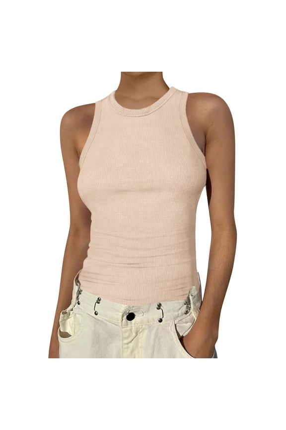 High Neck Tank Tops Womens Sleeveless Racerback Basic Cotton Ribbed Fitted Athletic Undershirt Beige M