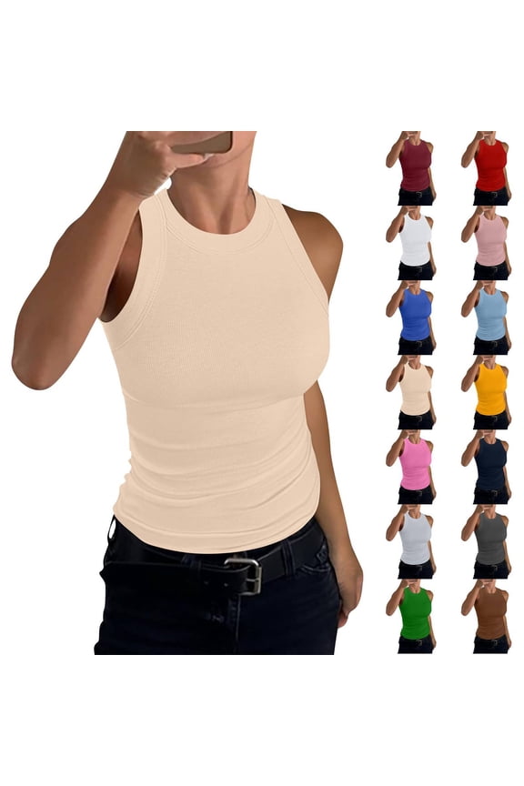 High Neck Tank Tops Womens Sleeveless Racerback Basic Cotton Ribbed Fitted Athletic Undershirt Beige S