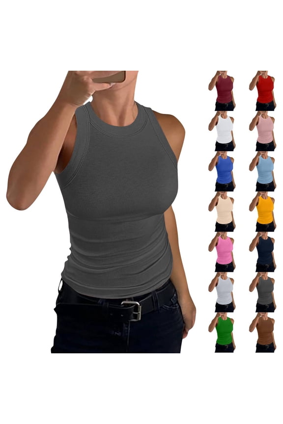 High Neck Tank Tops Womens Sleeveless Racerback Basic Cotton Ribbed Fitted Athletic Undershirt Dark Gray XL