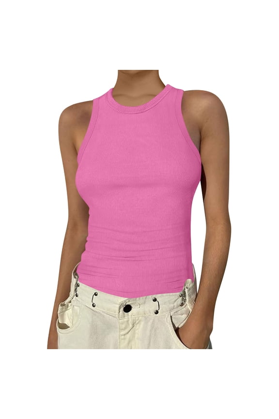 High Neck Tank Tops Womens Sleeveless Racerback Basic Cotton Ribbed Fitted Athletic Undershirt Hot Pink L