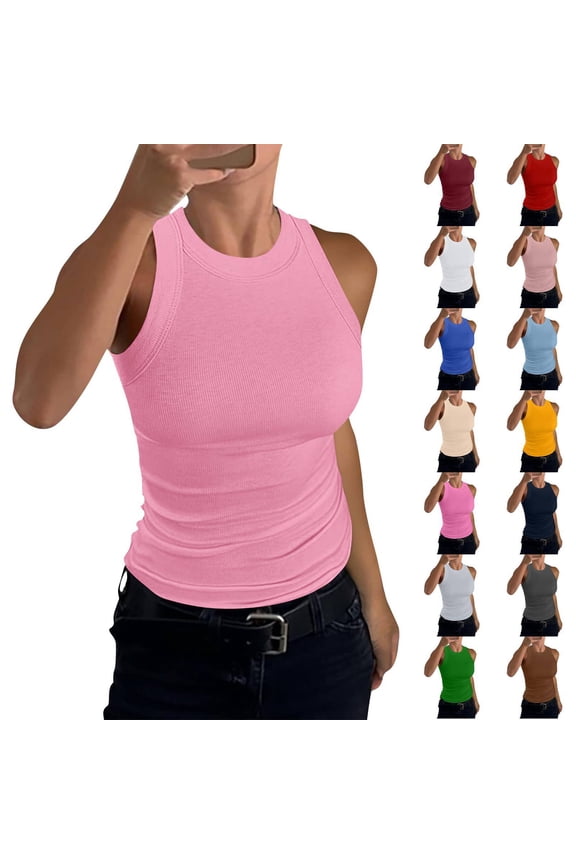 High Neck Tank Tops Womens Sleeveless Racerback Basic Cotton Ribbed Fitted Athletic Undershirt Hot Pink XL