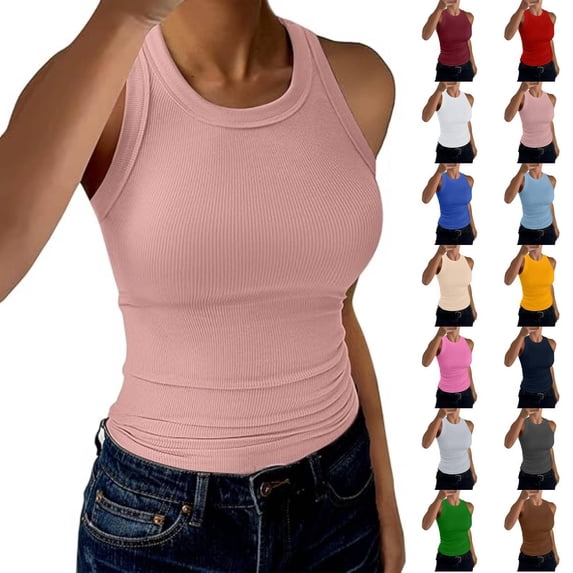 High Neck Tank Tops Womens Sleeveless Racerback Basic Cotton Ribbed Fitted Athletic Undershirt Pink L