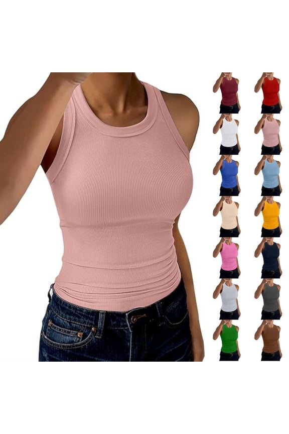 High Neck Tank Tops Womens Sleeveless Racerback Basic Cotton Ribbed Fitted Athletic Undershirt Pink M