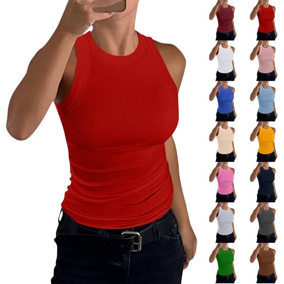 High Neck Tank Tops Womens Sleeveless Racerback Basic Cotton Ribbed Fitted Athletic Undershirt Red 2XL