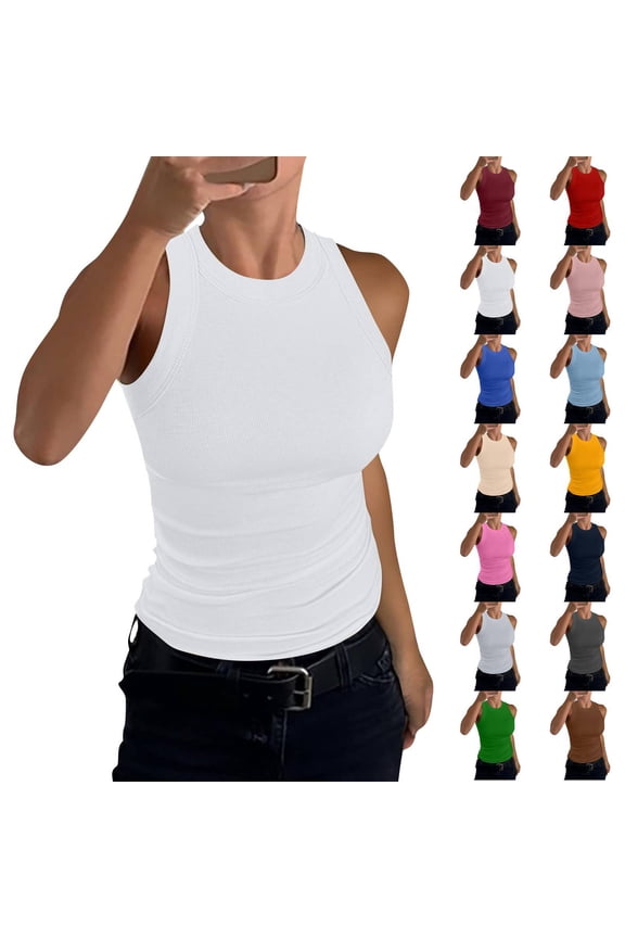 High Neck Tank Tops Womens Sleeveless Racerback Basic Cotton Ribbed Fitted Athletic Undershirt White M