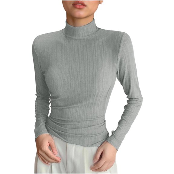 High Neck Thermal Tops Womens Long Sleeve Casual Stretch Layering Undershirts Fall Winter Spring Clothes, Gray 2XL