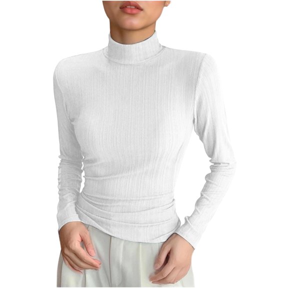 High Neck Thermal Tops Womens Long Sleeve Casual Stretch Layering Undershirts Fall Winter Spring Clothes, White M