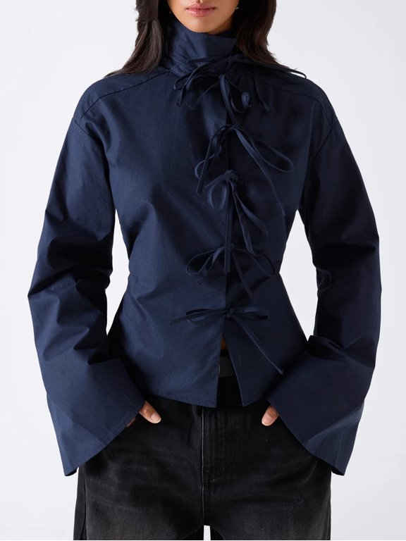 High Neck Tie Front Blouse with Long Sleeves and Fitted Waist