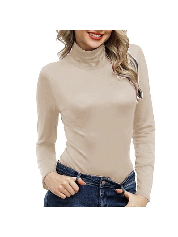 High Neck Top,long Sleeve Tops for Women Dressy Top Womens Fashion Tight Shirts Modest Tops Tops for Women Trendy Cozy Tops Cute Tops Comfort Sweatshirt Solid Color,Khaki,S
