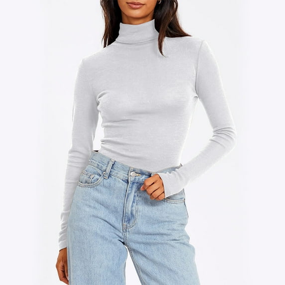 High Neck Tops Womens Trendy Casual Slim Fit Long Sleeve Solid Color Turtleneck Base Pullover Plus Size Shirts (4XL, White)
