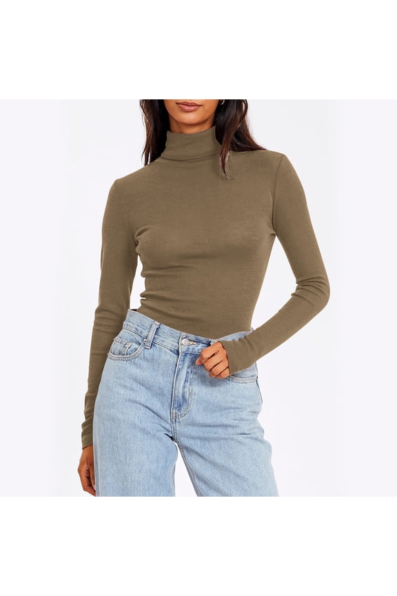 High Neck Tops for Women Trendy Casual Slim Fit Long Sleeve Solid Color Turtleneck Base Pullover Plus Size Shirts (M, Coffee)
