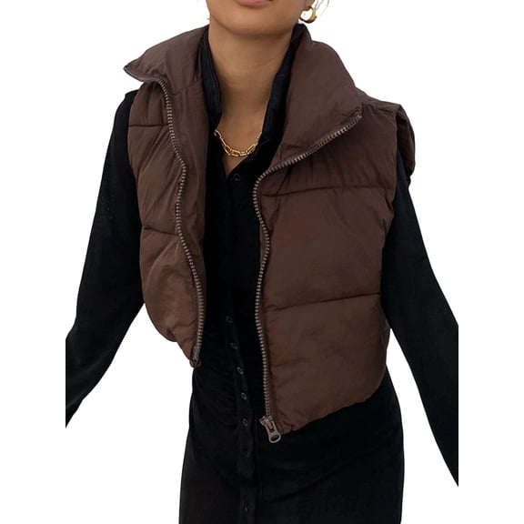 High Neck Zipper Cropped Puffer Vest Jacket Coat Brown S