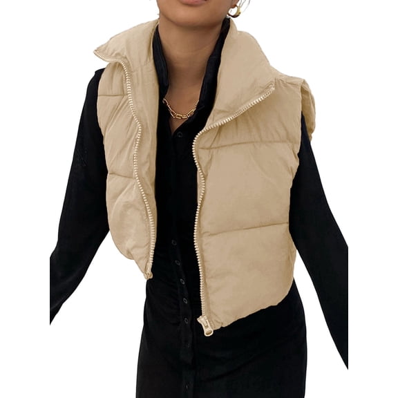 High Neck Zipper Cropped Puffer Vest Jacket Coat Khaki S