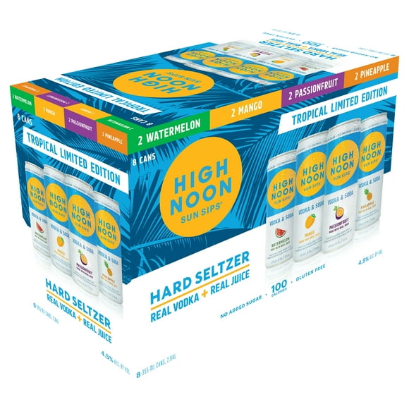 High Noon Hard Seltzer Tropical Variety Pack, 8 Pack, 8 Single Serve 12 fl. oz. Cans, 355ml Serving Size