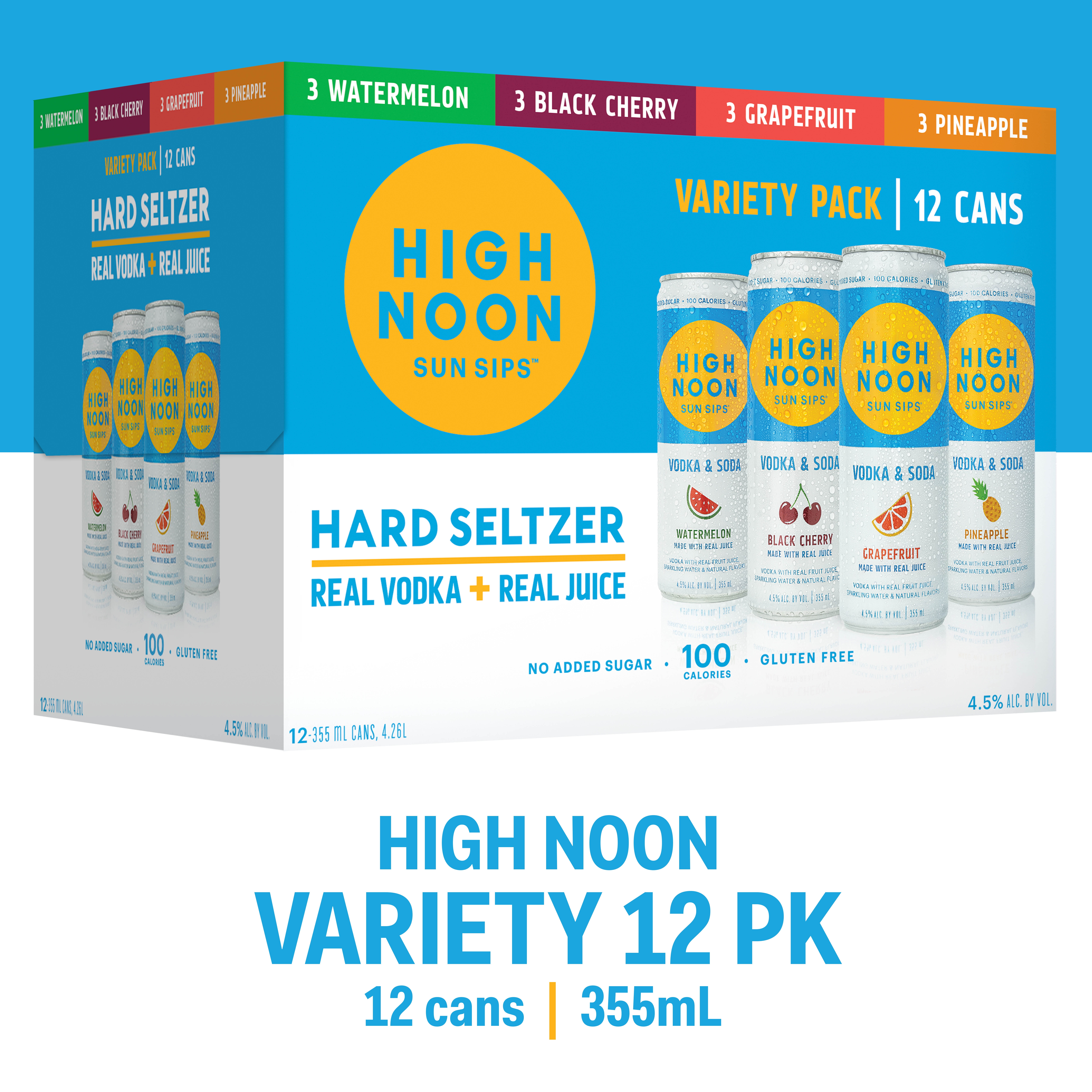 High Noon Vodka Hard Seltzer, Variety Pack, 12 Pack, 12 oz Cans