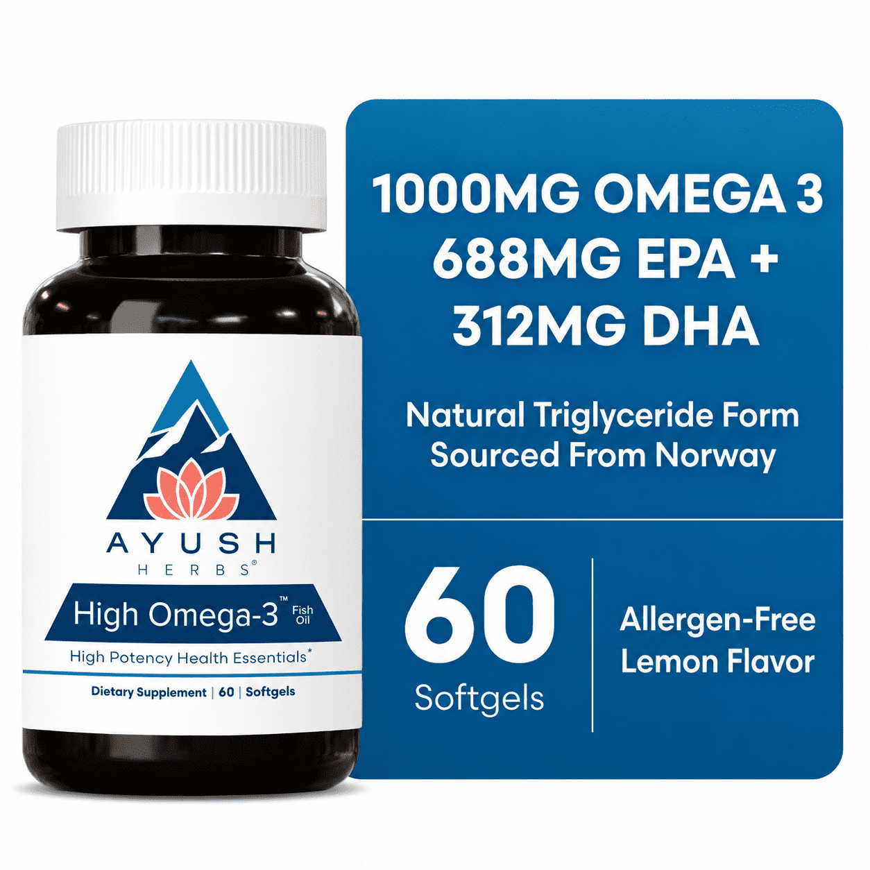 Ayush Herbs High Omega 3 Fish Oil Supplement with EPA and DHA, Lemon Flavor, 60 Softgels