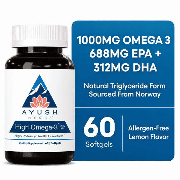 Ayush Herbs High Omega 3 Fish Oil Supplement with EPA and DHA, Lemon Flavor, 60 Softgels