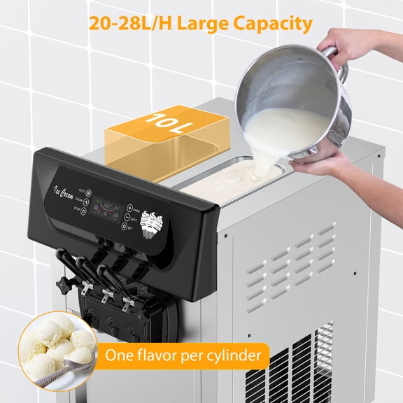High Output 2200W Commercial Soft Serve Ice Cream Machine 3 Flavors Countertop Frozen Yogurt Maker LCD Capacitive Screen, Automatic Cleaning, Stainless Steel, 5.3-7.4 Gal/Hr