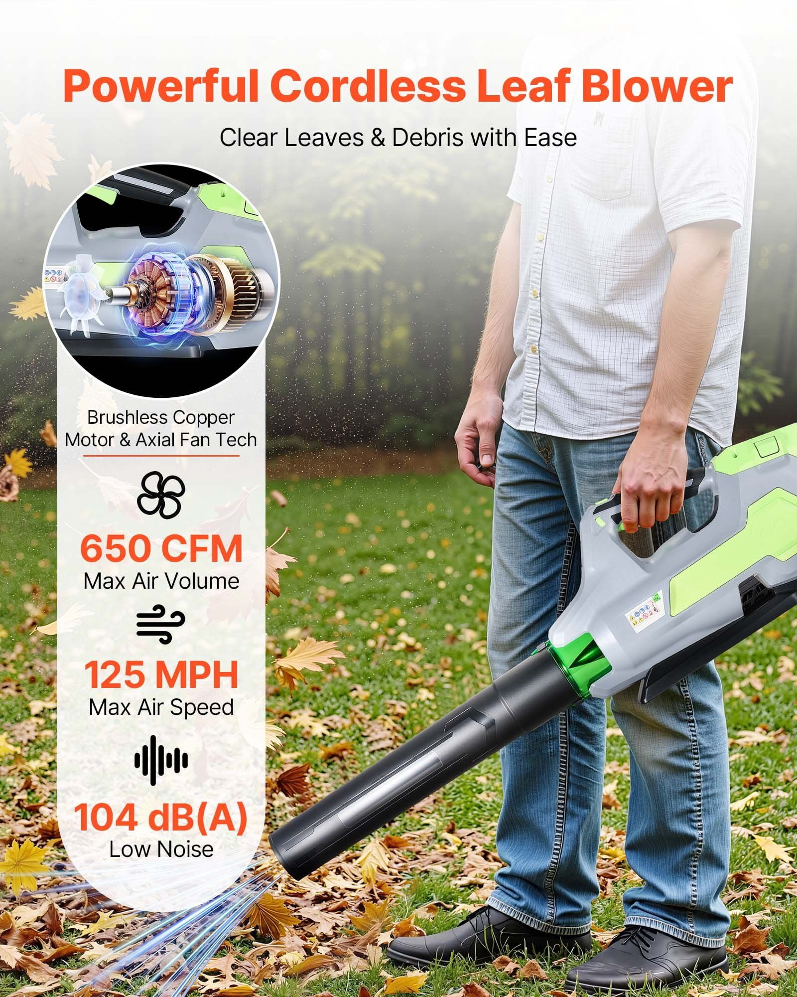 High-Performance 60V Cordless Blower 5.0Ah Battery, 3-Speed Modes, 125 MPH, Quiet and Powerful for Leaves