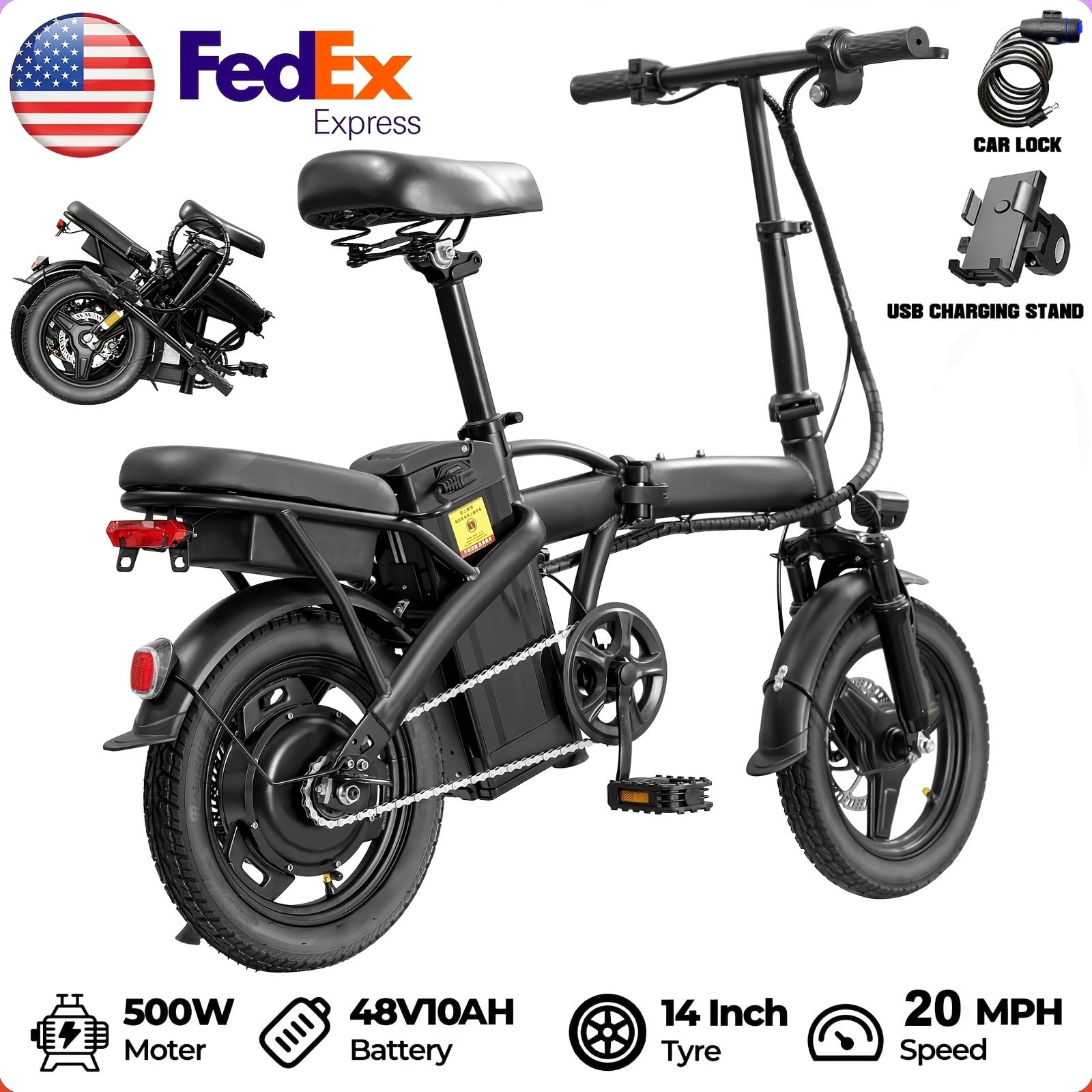 High Performance Adult Electric Bicycle, Portable Design Foldable Electric Bicycle, 500W Motor And 48V 10Ah Battery, 20 Mph Speed, Dual Disc Brakes, 14 Inch Electric Bicycle With Pedals, Suitable