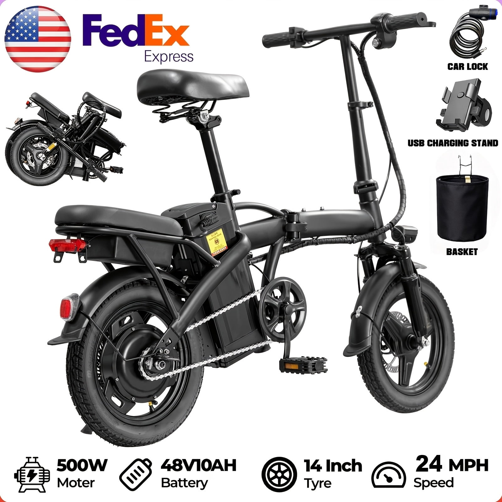 High Performance Adult Electric Bicycle, Portable Design Foldable Electric Bicycle, 500W Motor And 48V 10Ah Battery, 24 Mph Speed, Dual Disc Brakes, 14 Inch Electric Bicycle With Pedals, Suitable