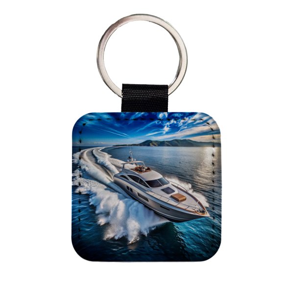 High-Performance Boat At Sea Faux Leather Square Keychain
