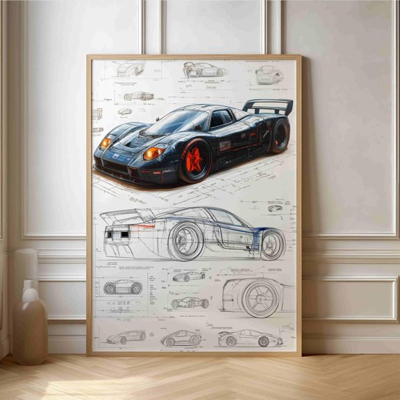High Performance Car Blueprint Stylish Automotive Sketch Decor