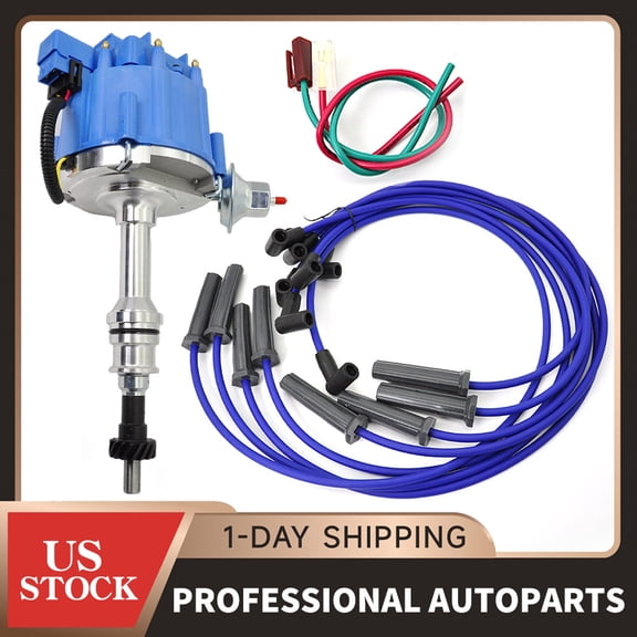 High Performance HEI Ignition Distributor with Cap & Rotor & Spark Plug Wire & Pigtail Set For Ford 351C 351M 400 429 460 65,000 Volt 7000RPM Blue Cap