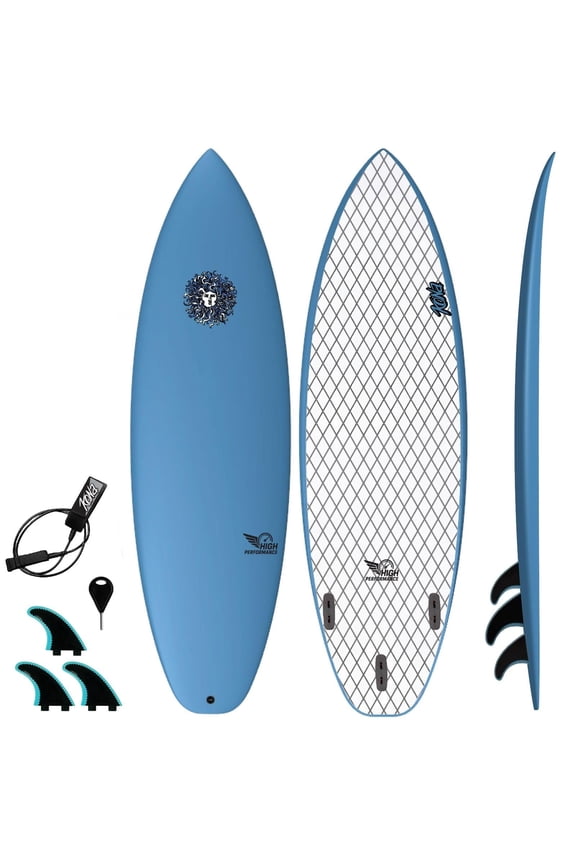 Performance Soft Top Short Foam Surfboard - Includes Leash + Fins in Lt Blue